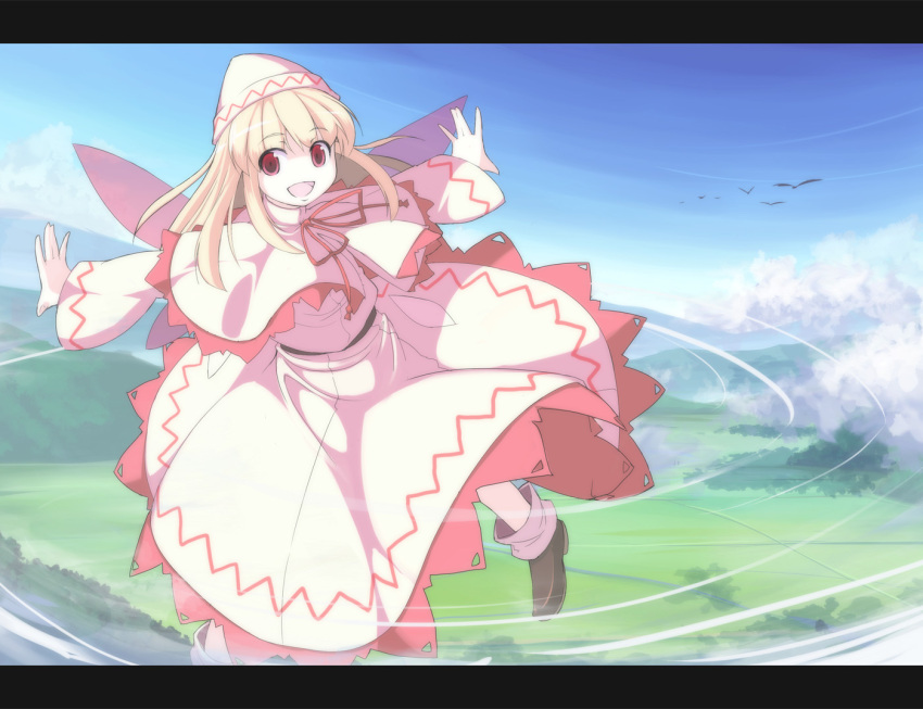 asakura_masatoki blonde_hair capelet cloud dress flying hat lily_white long_hair mountain open_mouth red_eyes sky smile touhou wings