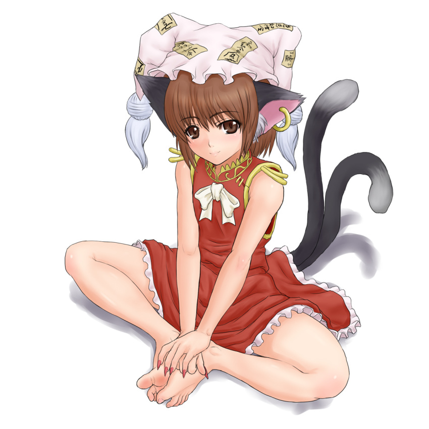 barefoot brown_eyes brown_hair cat_ears cat_tail chen china_dress chinese_clothes cosplay crossed_legs double_tails dress earrings feet fingernails headwear_switch highres indian_style jewelry kuro_suto_sukii long_fingernails multiple_tails nail_polish short_hair sitting solo tail touhou yakumo_ran yakumo_ran_(cosplay)