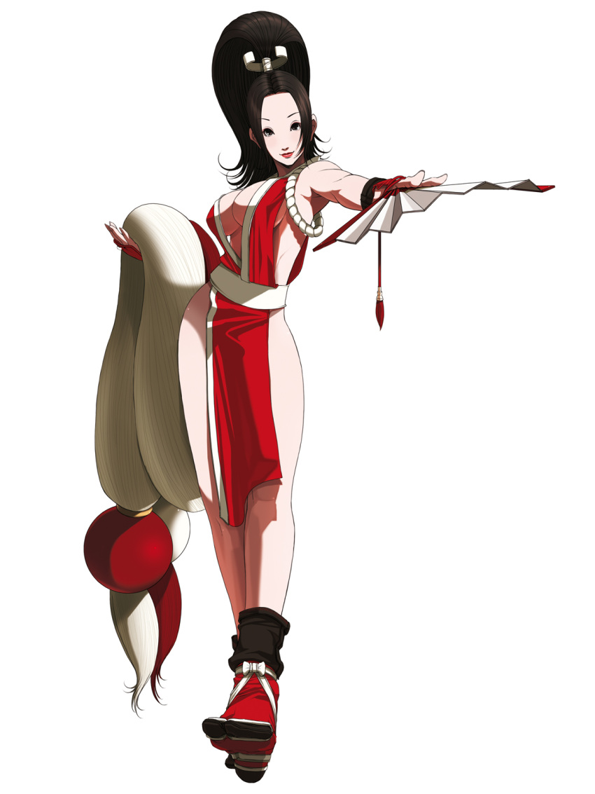 1girl breasts center_opening closed_mouth falcoon fan female folding_fan full_body high_ponytail highres holding holding_fan japanese_clothes king_of_fighters king_of_fighters_2003 kof_2k3 large_breasts lips long_hair no_shoes official_art pelvic_curtain ponytail red_lips revealing_clothes sash shiranui_mai sideboob simple_background sleeveless snk solo tied_hair white_background white_sash
