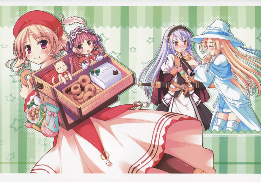 agnes_boulange blonde_hair blush carina_verritti cat chelsea_arcot closed_eyes doughnut dress food gloves hairband hat highres ko~cha lavender_hair long_hair minette multiple_girls pantyhose pink_eyes purple_hair red_eyes shukufuku_no_campanella smile sword tango_(shukufuku_no_campanella) thighhighs weapon white_legwear witch_hat zettai_ryouiki