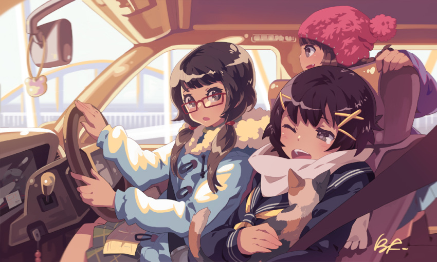 bf's_ok_farm bf._(sogogiching) blush brown_eyes brown_hair car car_interior cat coats driving glasses motor_vehicle multiple_girls original vehicle wink