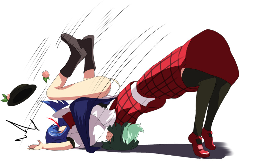 bad_id black_legwear blood blue_hair food fruit german_suplex green_hair hat highres hinanawi_tenshi kazami_yuuka mary_janes nosebleed panties parody peach plaid plaid_skirt plaid_vest reon_(pixiv) reon_(saikyou) shoes short_hair skirt skirt_set suplex thigh-highs thighhighs touhou underwear wrestling