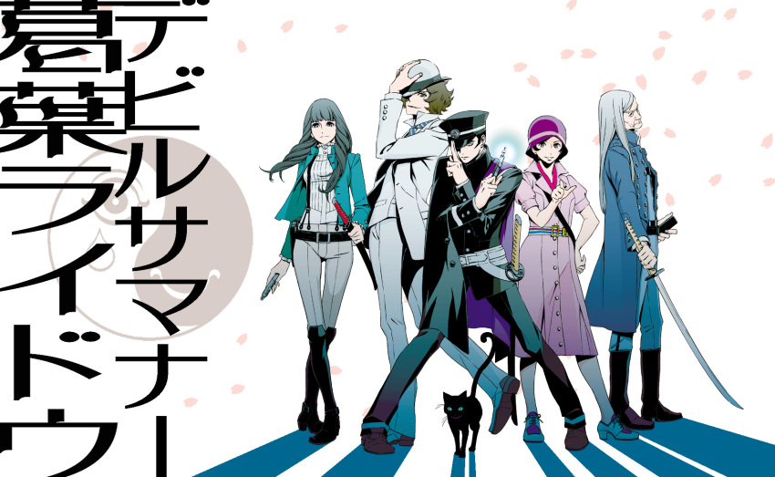 asakura_tae ayakiri belt black_hair blazer boots bucket_hat buttons cape cat cloche_hat devil_summoner dress flapper_girl formal gakuran goto gouto hat highres katana kuzunoha_geinin kuzunoha_geirin kuzunoha_raidou male nagi_(devil_summoner) narumi_shouhei pants raidou_kuzunoha_vs_king_abaddon school_uniform shako_cap suspenders sword trench_coat trenchcoat weapon