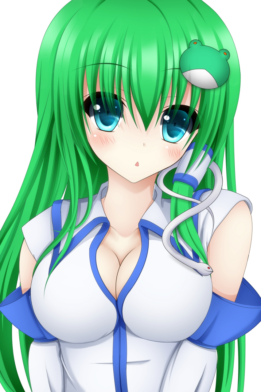 1girl blue_eyes blush breast_squeeze breasts chestnut_mouth cleavage detached_sleeves frog_hair_ornament gengodou green_hair hair_ornament head_tilt highres impossible_clothes impossible_shirt kochiya_sanae large_breasts looking_at_viewer open_mouth shirt simple_background snake_hair_ornament solo tapisuke touhou upper_body white_background