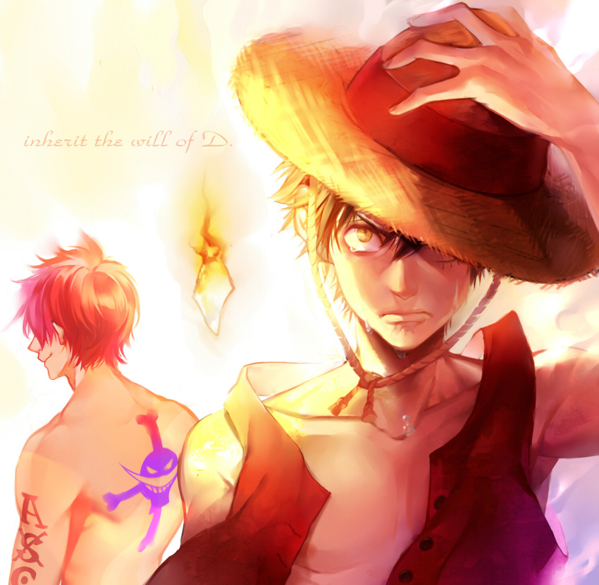 2boys brothers crying hand_on_headwear hat hat_over_one_eye jolly_roger monkey_d_luffy multiple_boys one_piece open_clothes open_shirt paper portgas_d_ace red_vest shirt siblings stampede_string straw_hat tattoo tears topless vest