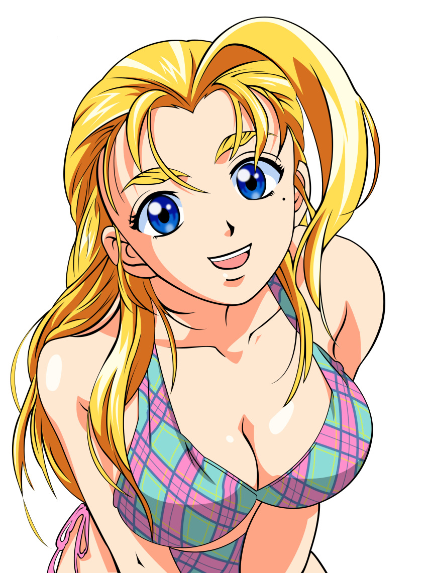 1girl bare_shoulders bikini blonde_hair blue_eyes breasts cleavage eyebrows furinji_miu highres large_breasts long_hair looking_at_viewer open_mouth shijou_saikyou_no_deshi_ken'ichi smile solo swimsuit thick_eyebrows vector_trace