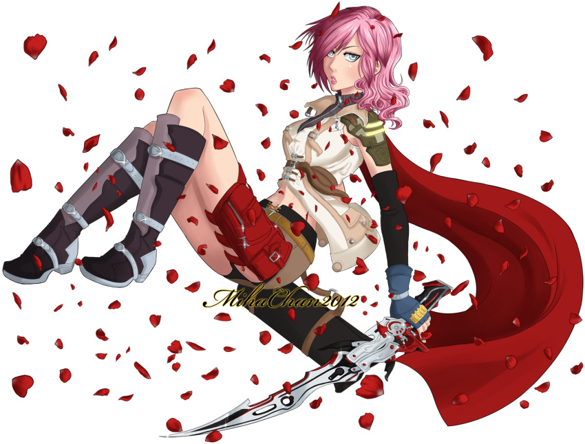 10s 1girl 2012 blue_eyes cape final_fantasy final_fantasy_xiii lightning_farron long_hair looking_at_viewer pink_hair solo sword weapon