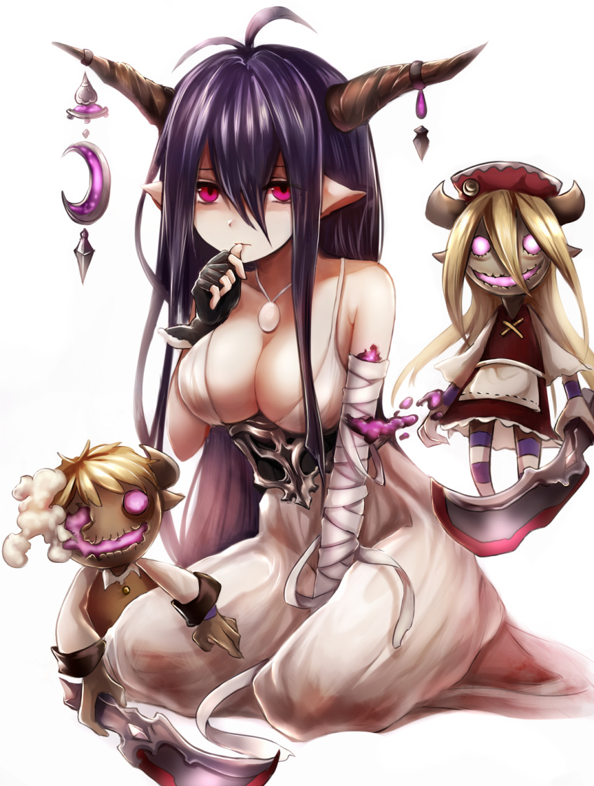 1girl antenna_hair bandage between_legs black_gloves blonde_hair blood bloody_clothes breasts cleavage danua doll doraf dress eru_(clover_2005) gloves granblue_fantasy gretel_(granblue_fantasy) hair_between_eyes hand_between_legs hansel_(granblue_fantasy) highres horn_ornament horns jewelry large_breasts long_hair maho_moco necklace pale_skin pink_eyes pointy_ears purple_hair simple_background sitting very_long_hair white_background white_dress