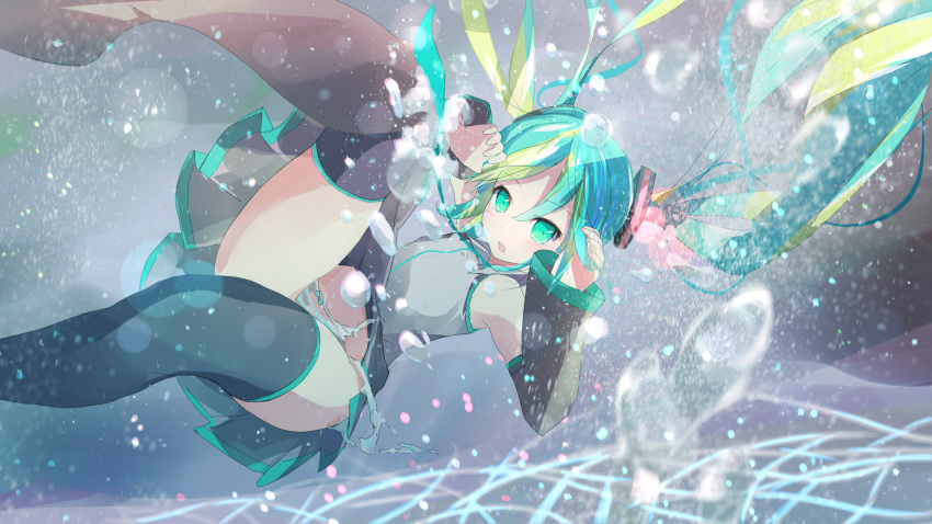 1girl aqua_hair breasts detached_sleeves erect_nipples flat_chest floating_hair green_eyes gumo hatsune_miku highres long_hair necktie open_mouth panties skirt solo striped striped_panties thigh-highs torn_clothes torn_panties twintails underwater underwear vocaloid