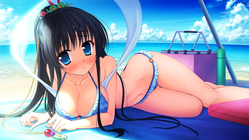 1girl arm_support bangs bare_legs bare_shoulders barefoot beach bikini black_hair blue_bikini blue_eyes blush breasts cleavage clouds collarbone floral_print hair_ornament large_breasts long_hair looking_at_viewer lying magical_marriage_lunatics!! mitsu_no_tama_yori_hime navel o-ring_bottom on_side ponytail sky solo swimsuit thermos thigh_gap very_long_hair wet yamakaze_ran