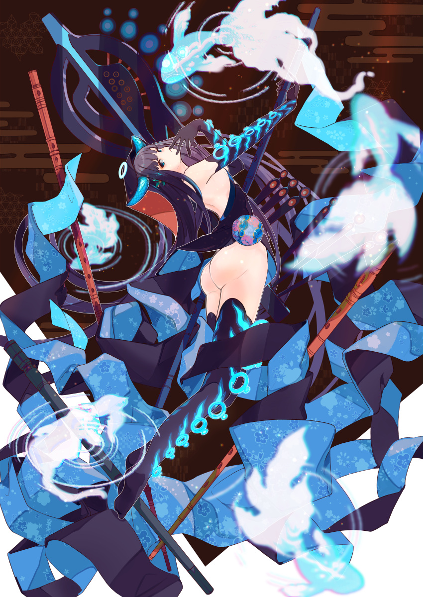 1girl absurdres arched_back ass back bangs bare_shoulders black_dress black_gloves black_headwear black_legwear blue_eyes blunt_bangs breasts dress elbow_gloves fate/grand_order fate_(series) flute full_body gloves halo highres huge_filesize instrument legs long_hair looking_at_viewer medium_breasts parted_lips pipa_(instrument) purple_hair ru_to_bi solo thigh-highs thighs very_long_hair yang_guifei_(fate/grand_order)