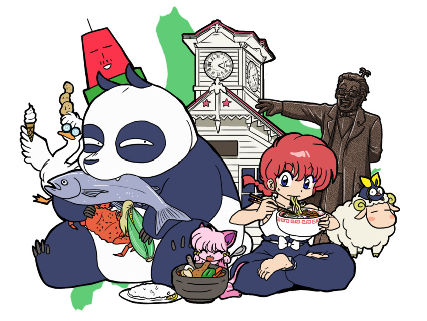 1girl 2girls 3boys bird blue_eyes cat corn crab duck eating father_and_daughter fish food genderswap hibiki_ryouga indian_style mousse multiple_boys multiple_girls noodles p-chan panda pig ranma-chan ranma_1/2 redhead saotome_ranma shampoo_(ranma_1/2) sheep sitting statue wantan-orz