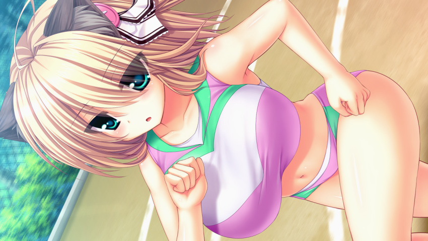 1girl animal_ears blonde_hair blue_eyes blush breasts cat_ears collarbone game_cg huge_breasts legs looking_away navel running short_hair solo standing syroh thighs track_and_field yakimochi_stream