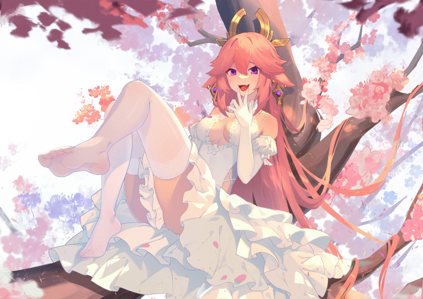 1girl absurdres animal_ears bow breasts bride cherry_blossoms cleavage_cutout clothing_cutout dress earrings elbow_gloves eyebrows_behind_hair fang feet flower fox_ears full_body genshin_impact gloves hand_up headgear heiyizhushenxia highres jewelry knees_up long_hair looking_at_viewer medium_breasts open_mouth outdoors pink_flower pink_hair sitting skin_fang smile solo thigh-highs thighs tree very_long_hair violet_eyes white_bow white_dress white_legwear yae_(genshin_impact)