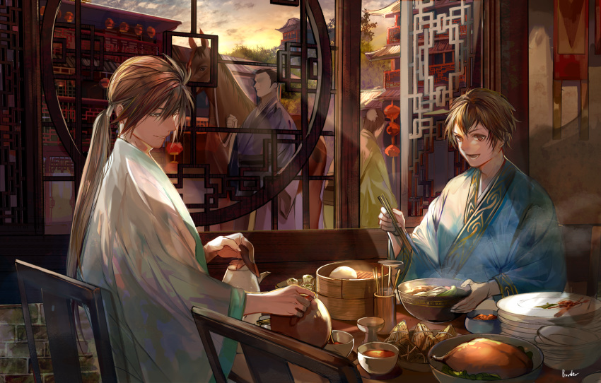 4boys baozi border0715 brick_wall brown_eyes brown_hair chair chicken_(food) chinese_clothes chopsticks eating food highres holding holding_chopsticks horse indoors jiang_wei long_hair long_sleeves looking_down low_ponytail male_focus meal meat multiple_boys noodles open_mouth plate shin_sangoku_musou short_hair sunset table teeth wall wide_sleeves window xiahou_ba