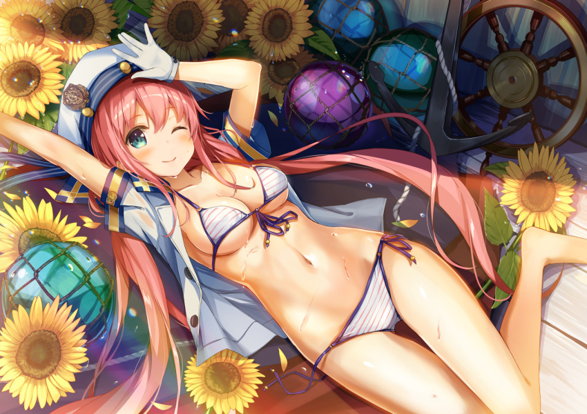 1girl ;) \||/ aqua_eyes ball bangs barefoot bikini breasts commentary_request flower front-tie_bikini front-tie_top gloves hand_on_forehead hat light_blush long_hair looking_at_viewer lying medium_breasts midriff navel one_eye_closed open_clothes open_shirt original pink_hair ship's_wheel short_sleeves side-tie_bikini smile solo striped striped_bikini sunflower swimsuit thigh_gap twintails untied untied_bikini wet white_gloves yellow_flower yuuki_yuu
