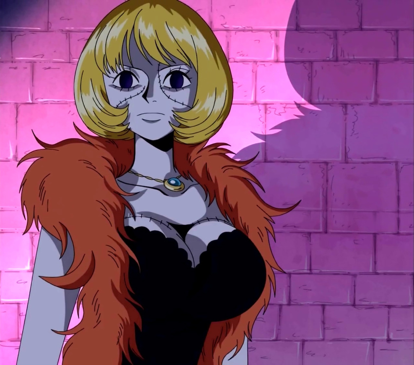 1girl blonde_hair breasts dress feather_boa jewelry large_breasts necklace one_piece scar screencap solo stitched thriller_bark victoria_cindry zombie