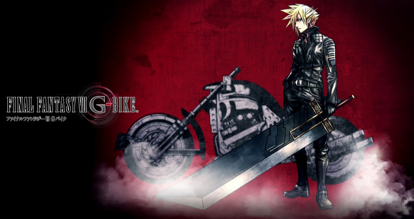 1boy alternate_costume cloud_strife final_fantasy final_fantasy_vii final_fantasy_vii_g-bike ground_vehicle huge_sword huge_weapon jacket leather leather_jacket motor_vehicle motorcycle nomura_tetsuya official_art square_enix sword vehicle weapon