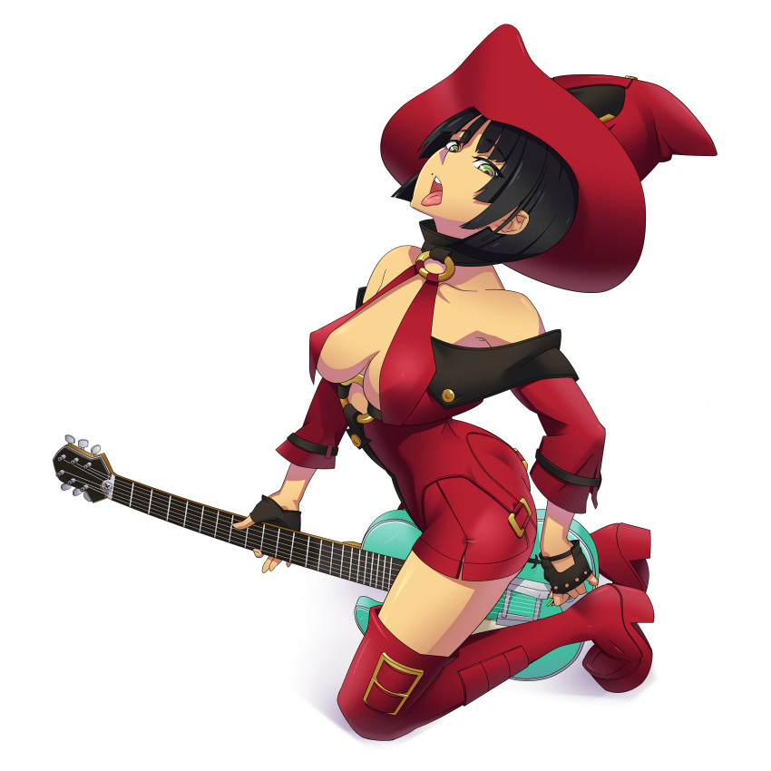 1girl absurdres bare_shoulders black_hair bob_cut boots breasts detached_sleeves dress electric_guitar erect_nipples fingerless_gloves gloves green_eyes guilty_gear guitar hat highres i-no instrument killy_rock kneeling mole plectrum red_shoes sexually_suggestive shoes short_dress short_hair sideboob solo thigh-highs thigh_boots tongue witch_hat