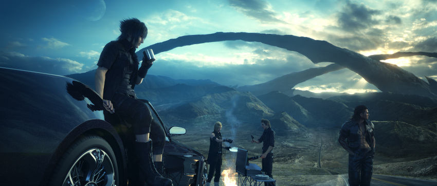 3d 4boys abs boots car clouds cup final_fantasy final_fantasy_xv fire gladiolus_amicitia glasses grill ground_vehicle highres highway ignis_scientia jacket jewelry moon motor_vehicle mountain mug multiple_boys necklace noctis_lucis_caelum official_art plate prompto_argentum road scenery sitting spiky_hair square_enix sunrise vehicle