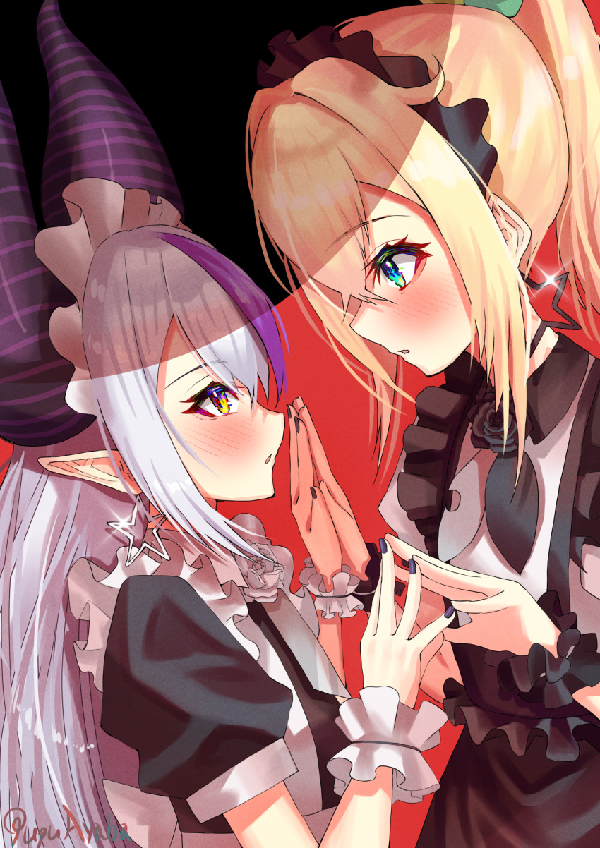 2girls artist_name bangs black_nails blonde_hair blue_eyes blush commentary_request demon_horns earrings eye_contact eyebrows_visible_through_hair frills from_side highres hololive horns identity_(vocaloid) jewelry kazama_iroha la+_darknesss light_purple_hair long_hair looking_at_another multicolored_hair multiple_girls palms_together parted_lips pointy_ears ponytail profile puffy_short_sleeves puffy_sleeves pupu_ayaba purple_hair shadow short_sleeves star_(symbol) star_earrings two-tone_hair upper_body virtual_youtuber wrist_cuffs yellow_eyes yuri