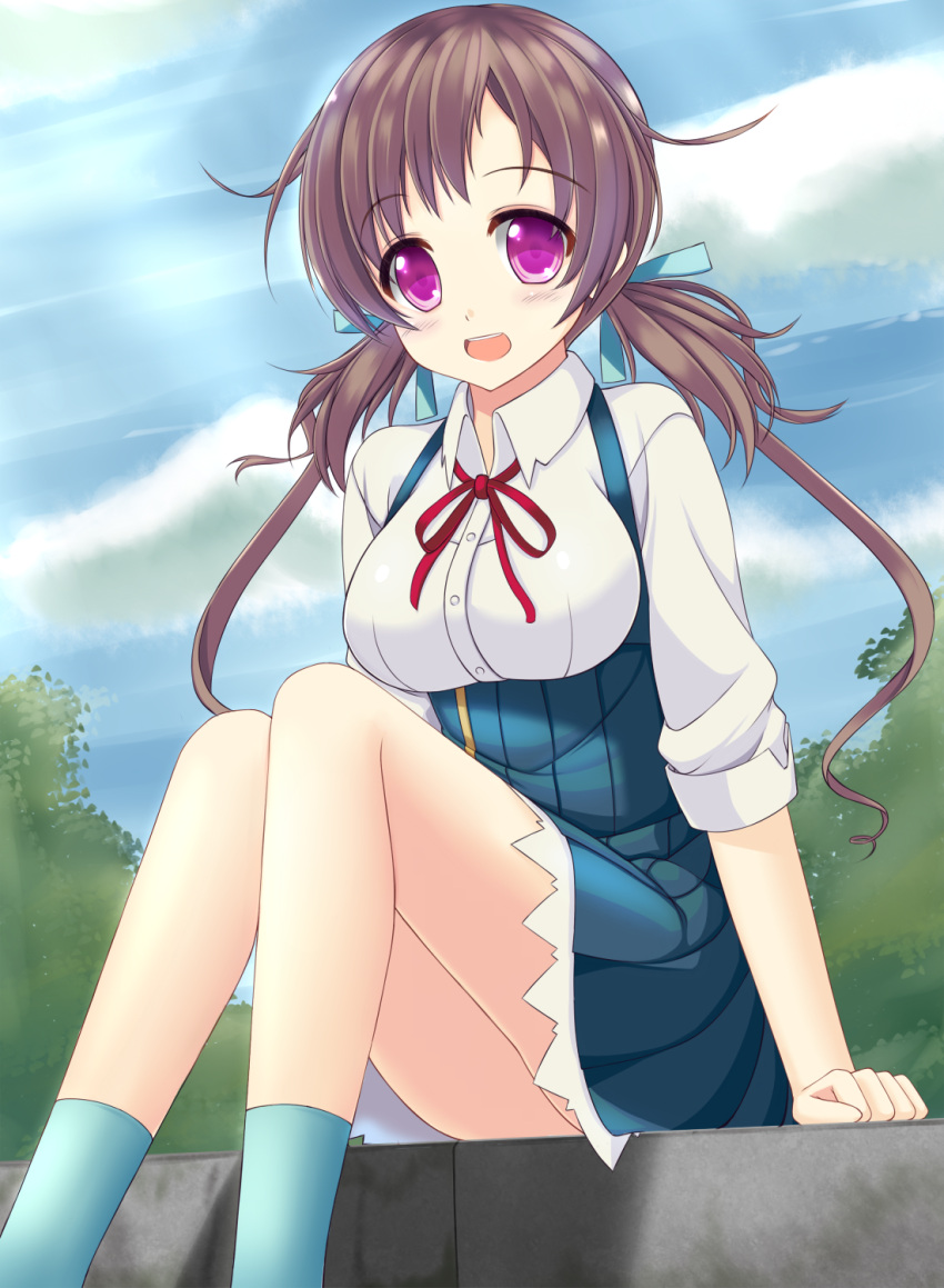 1girl :d aomi_isara breasts brown_hair hair_ribbon highres koi_to_senkyo_to_chocolate long_hair looking_at_viewer low_twintails open_mouth ribbon school_uniform sitting smile sogaya solo twintails violet_eyes