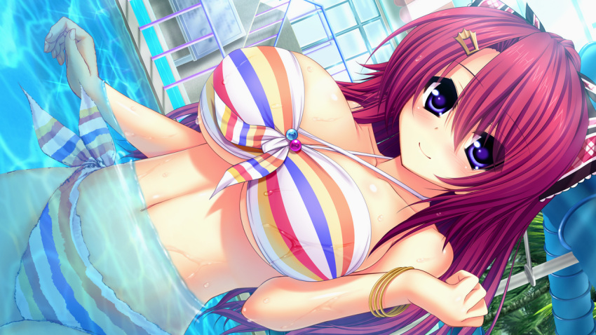 1girl bikini blue_eyes blush breasts collarbone game_cg hair_ribbon huge_breasts long_hair looking_at_viewer navel partially_submerged pink_hair ponytail pool ribbon smile solo standing swimsuit syroh water wet yakimochi_stream