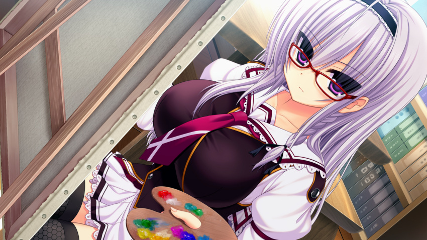 1girl blush breasts collarbone game_cg glasses huge_breasts legs long_hair looking_away necktie painting purple_hair school_uniform serious sitting skirt solo syroh thighs violet_eyes yakimochi_stream
