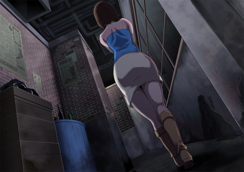 1girl ass back bare_shoulders boots brown_hair butcha-u from_behind jill_valentine legs looking_away resident_evil resident_evil_3 short_hair skirt solo standing tank_top thighs trash_can walking