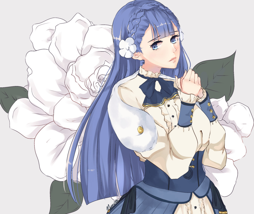 1girl artist_name blue_eyes blue_hair bow bowtie braid fire_emblem fire_emblem_echoes:_mou_hitori_no_eiyuuou flower grey_background hair_flower hair_ornament leaf linea_(fire_emblem) long_hair nana_(mizukas) simple_background solo upper_body