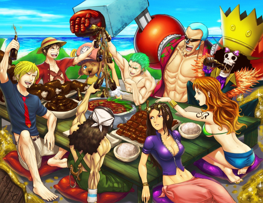 2girls 6+boys abs arm_support arm_up barefoot belt bikini_top black_hair blonde_hair blue_eyes blue_hair blue_sky blush blush_stickers bottle bracelet breasts brook brown_hair center_opening cigarette cleavage closed_eyes clouds cloudy_sky cola collarbone crop_top crown cyborg earrings eating feet food franky glass glasses glasses_on_head gold green_hair hair_slicked_back hat headphones holding horns jewelry long_hair looking_back looking_up meat midriff monkey_d_luffy multiple_boys multiple_girls muscle nami_(one_piece) navel nico_robin no_bra ocean one_eye_closed one_piece open_clothes open_mouth open_shirt orange_hair outdoors outstretched_arm overalls pillow pink_skirt red_shirt reindeer rice roronoa_zoro sanji sarong scar shiny shiny_clothes shiny_hair shirt short_hair shorts sitting skeleton skirt sky slingshot smile soles stew straw_hat sunglasses sunglasses_on_head t-shirt table tattoo toes tony_tony_chopper under_boob unzipped usopp water wristband zipper