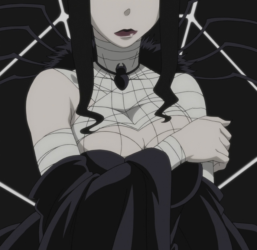 1girl arachne_gorgon bandage black_hair breasts covering covering_breasts lipstick makeup screencap solo soul_eater stitched upper_body