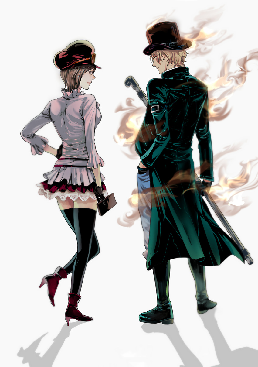 1boy 1girl blonde_hair dressrosa fire goggles hand_in_pocket hat highres koala_(one_piece) one_piece pole sabo_(one_piece) skirt standing thigh-highs top_hat yuu_(1969loy)