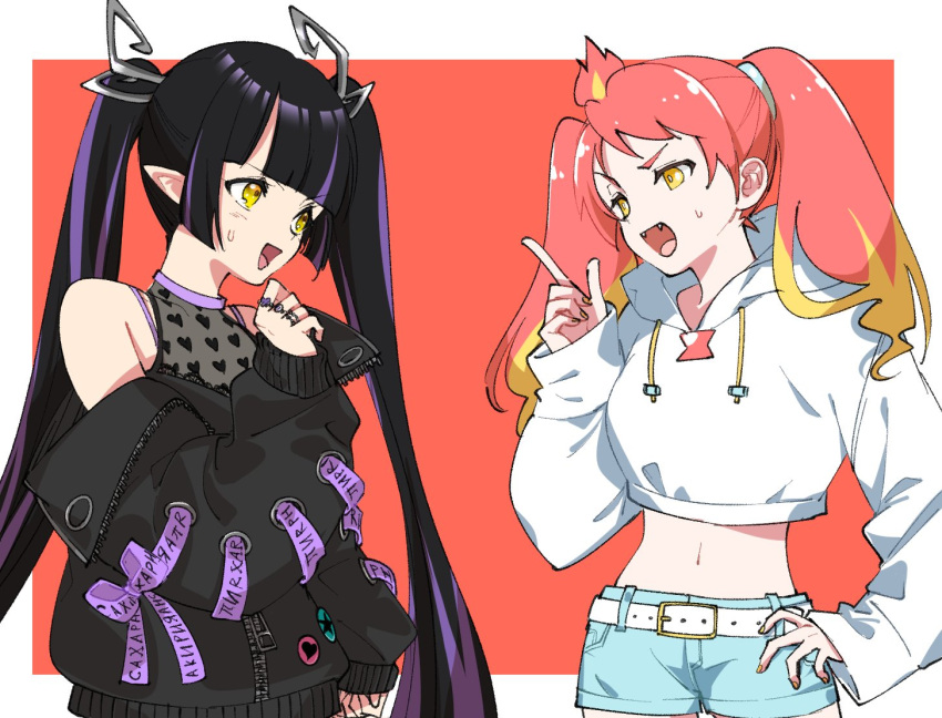 2girls bangs bare_shoulders black_hair black_jacket blonde_hair blunt_bangs border breasts commentary cowboy_shot crossover drawstring fangs from_side hand_on_own_thigh hand_up hikasa_tomoshika hood hood_down hoodie horns index_finger_raised jacket kiko_(kikobooom) kojo_anna long_hair long_sleeves looking_at_another midriff multicolored_hair multiple_girls navel off-shoulder_jacket open_clothes open_jacket open_mouth pointy_ears purple_hair red_background redhead streaked_hair sugar_lyric sweatdrop two-tone_hair virtual_youtuber voms white_border white_hoodie yellow_eyes