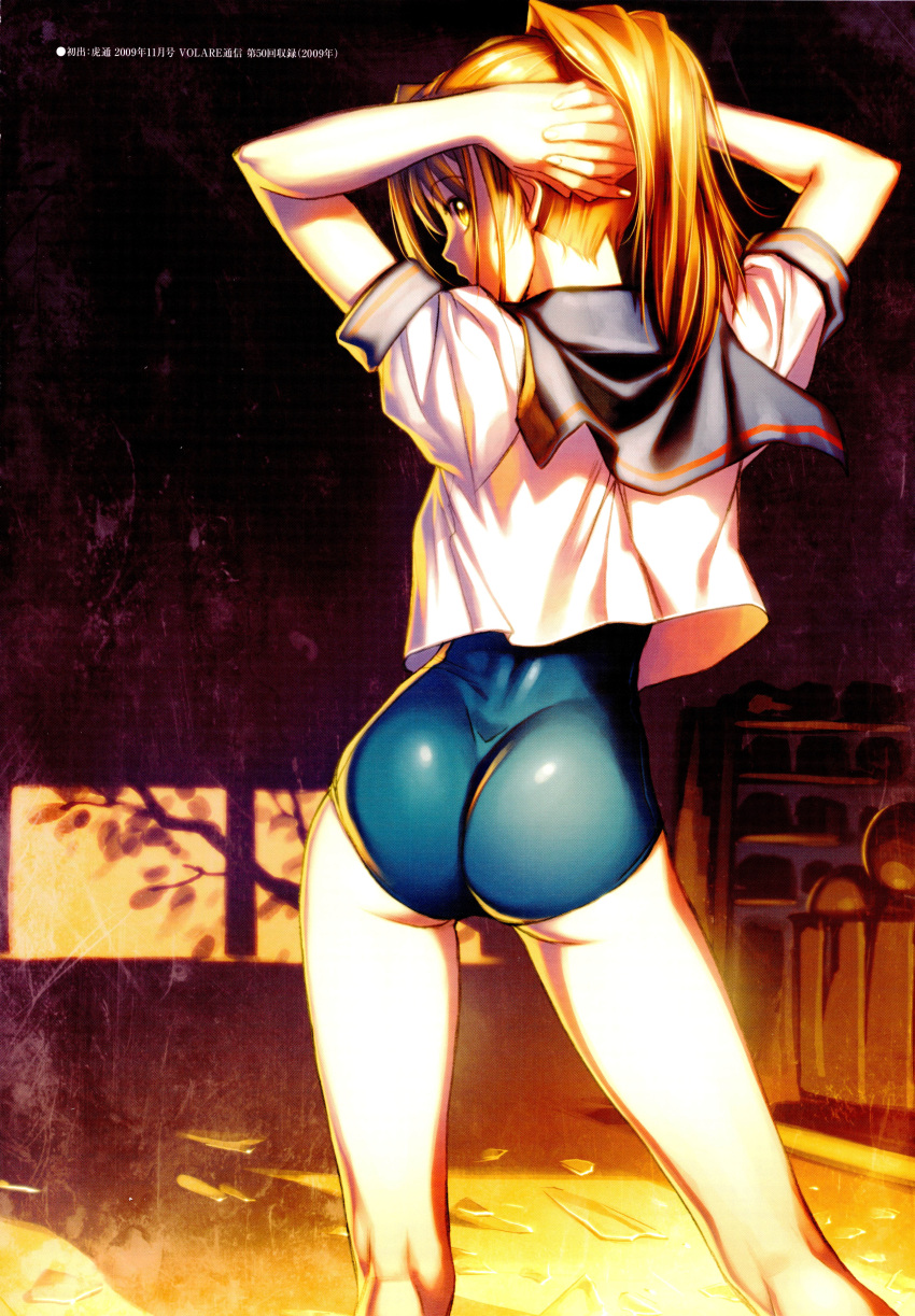 1girl absurdres arms_behind_head arms_up ass back blonde_hair broken_glass ears from_behind glass highres hips hiroe_rei legs long_hair looking_back official_art ponytail pose school_uniform shadow solo standing sunlight swimsuit thighs yellow_eyes