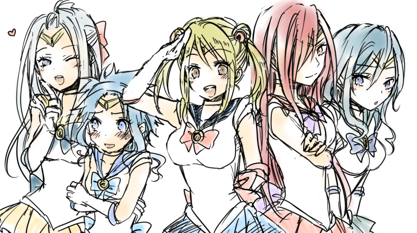 5girls asuta1102 bishoujo_senshi_sailor_moon blonde_hair blue_hair breasts choker cosplay erza_scarlet fairy_tail hair_ornament hair_over_one_eye juvia_loxar kodansha levy_mcgarden lucy_heartfilia mirajane_strauss multiple_girls redhead ribbon sailor_collar skirts twintails white_hair wink