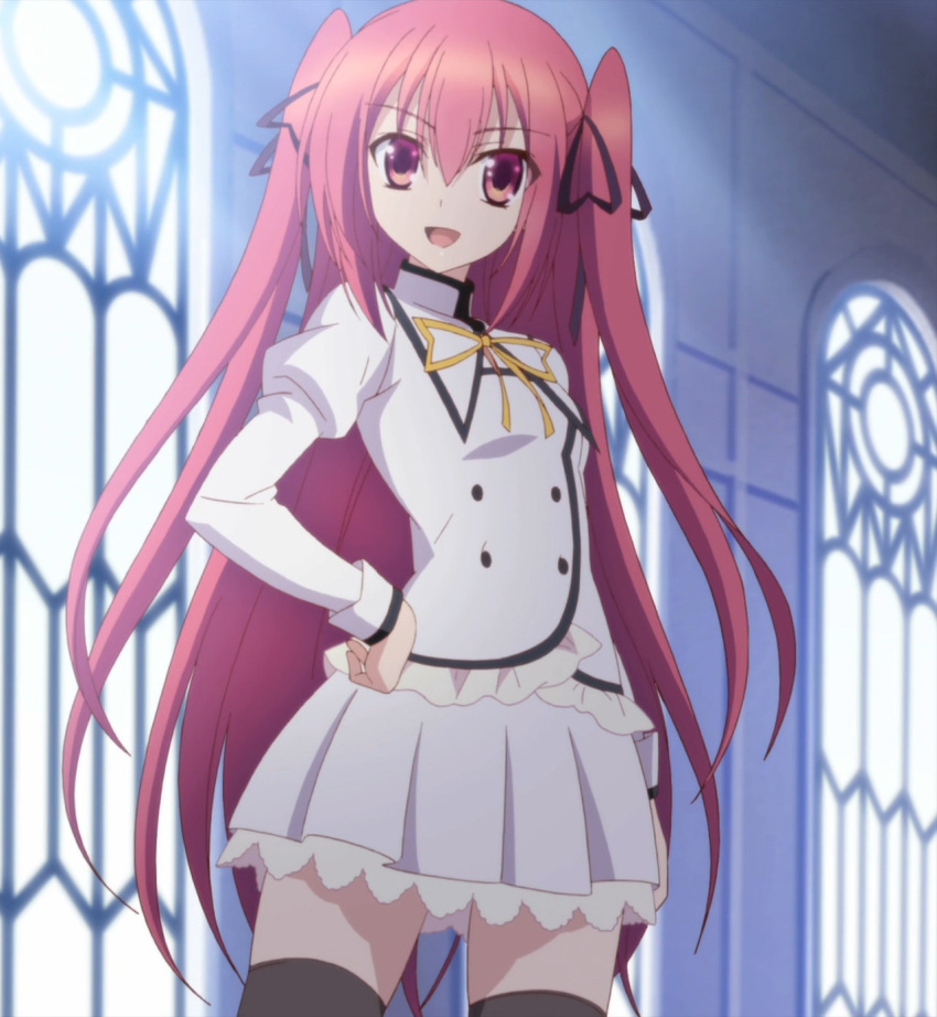 claire_rouge hands_on_hips long_hair pleated_skirt red_eyes redhead school_uniform screencap seirei_tsukai_no_blade_dance skirt thigh-highs twintails window