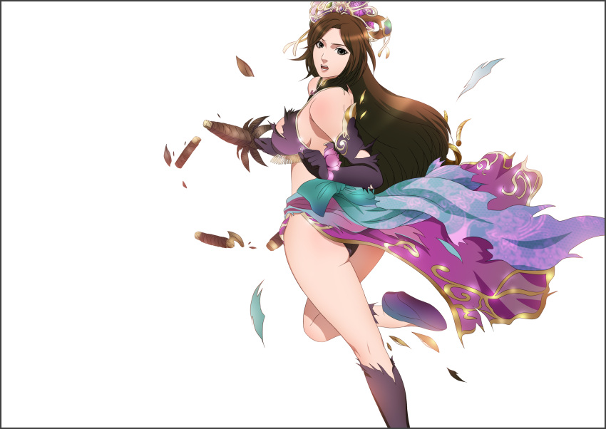 1girl ass breasts brown_eyes brown_hair chinese_clothes diao_chan elbow_gloves gloves hair_ornament highres large_breasts legs long_hair open_mouth panties sangoku_musou shin_sangoku_musou sideboob simple_background solo standing thighs torn_clothes underwear weapon white_background yadokari_genpachirou