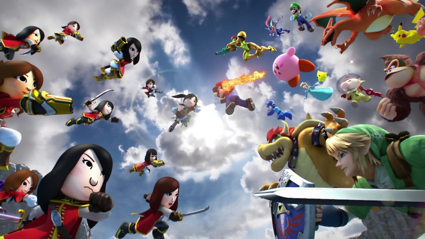 akb48 arm_cannon battle bowser capcom charizard clouds cloudy_sky crossover donkey_kong donkey_kong_(series) epic greninja kirby kirby_(series) link luigi mario metroid mii_(nintendo) nintendo olimar pikachu pikmin pikmin_(creature) pokemon red_pikmin rockman rockman_(character) rosetta_(mario) samus_aran screencap shield sky super_mario_bros. super_mario_galaxy super_smash_bros. sword the_legend_of_zelda weapon