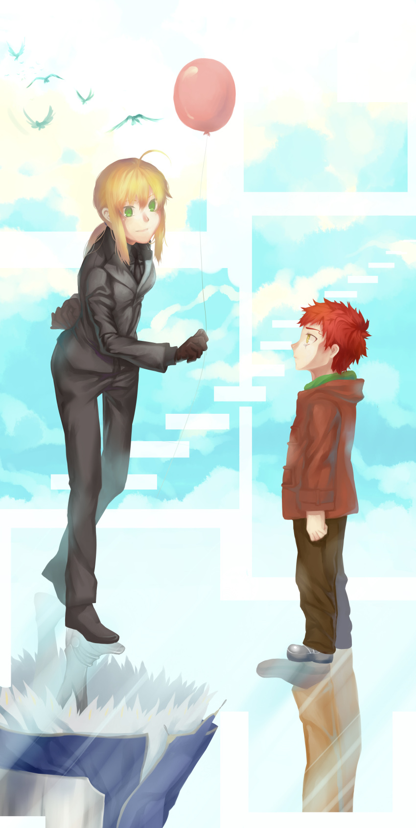 1boy 1girl absurdres age_difference ahoge armor balloon bird blonde_hair crying emiya_shirou fate/stay_night fate/zero fate_(series) formal green_eyes highres lsunl redhead reflection saber suit tears yellow_eyes