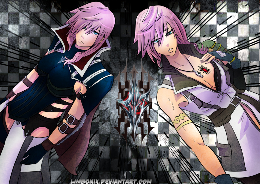 armband armor asymmetrical_hair blue_eyes breastplate breasts cleavage dual_persona emblem final_fantasy final_fantasy_xiii fingerless_gloves gloves hao_phoenix high_collar highres lightning_farron lightning_returns:_final_fantasy_xiii looking_at_viewer open_collar pink_hair tattoo watermark