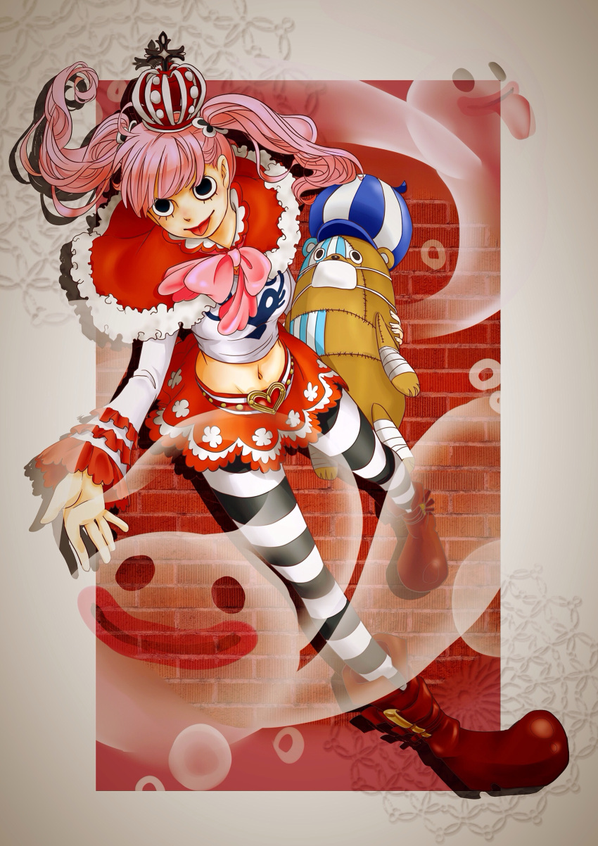 1girl :p bangs black_legwear black_stripes blunt_bangs boots bow capelet character_doll crown ghost highres kumacy long_hair long_sleeves looking_at_viewer midriff navel one_piece patterned_legwear perona pink_hair red_cape red_shoes red_skirt shoes skirt striped striped_legwear stuffed_toy thigh-highs tongue tongue_out twintails two-tone_stripes white_legwear white_stripes