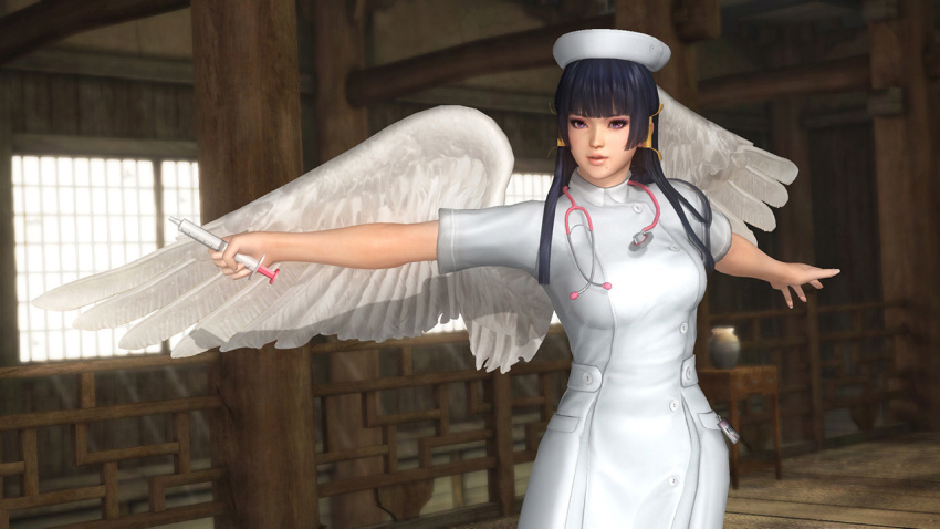 1girl 3d black_hair breasts dead_or_alive dead_or_alive_5 large_breasts long_hair nurse nyotengu official_art solo tecmo violet_eyes wings