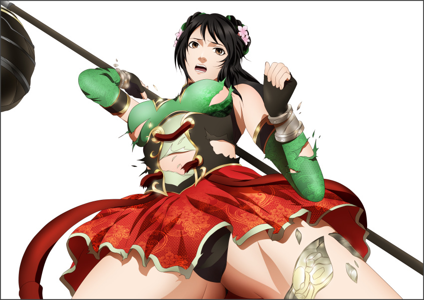 1girl black_hair breasts brown_eyes chinese_clothes guan_yinping highres large_breasts legs long_hair looking_at_viewer open_mouth panties sangoku_musou shin_sangoku_musou simple_background solo standing thighs torn_clothes underwear weapon white_background yadokari_genpachirou