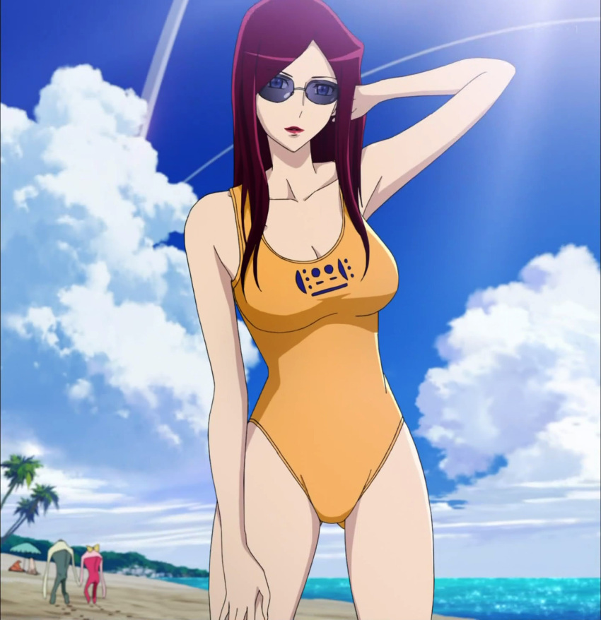 1boy 2girls arm_behind_head arm_up armpits beach blue_eyes blue_sky breasts cleavage clouds condensation_trail highres large_breasts lens_flare lipstick long_hair looking_at_viewer makeup mound_of_venus multiple_girls ocean one-piece_swimsuit palm_tree redhead scarlet_(space_dandy) screencap sky space_dandy sunglasses swimsuit tree