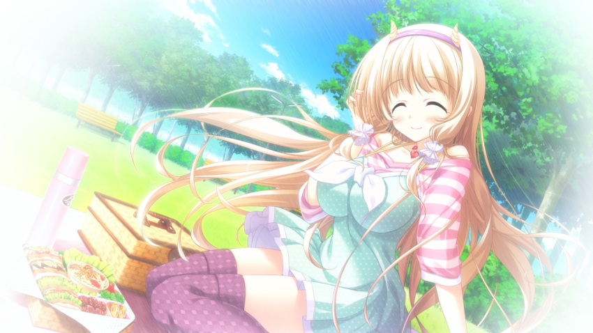 1girl bench blonde_hair closed_eyes food game_cg julia_lin_road long_hair magical_marriage_lunatics!! park picnic picnic_basket solo thermos thigh-highs tree twintails yamakaze_ran