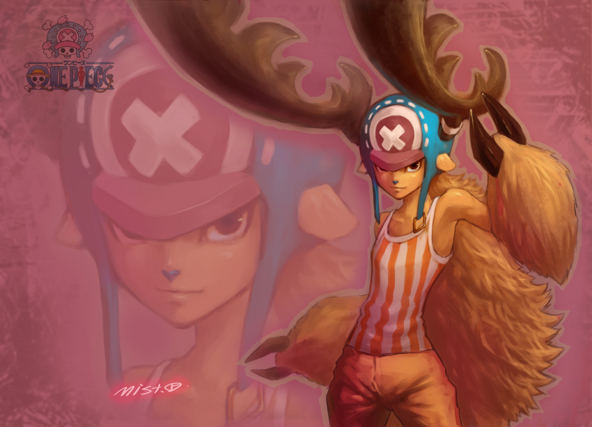1boy absurdres antlers artist_name brown_hair copyright_name hat highres one_piece shirt solo striped striped_shirt tony_tony_chopper xiaoguimist zoom_layer