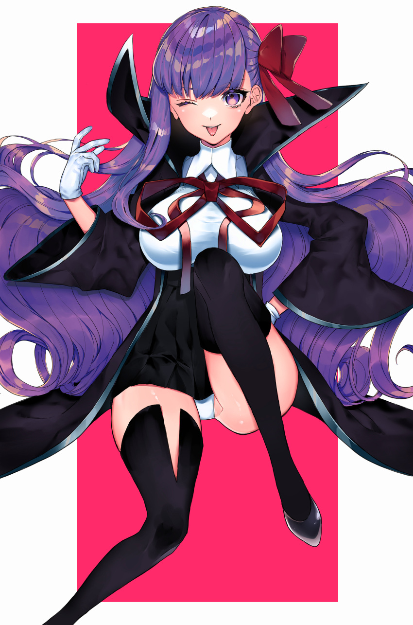 1girl absurdres bangs bb_(fate) bb_(fate)_(all) black_coat black_skirt blush breasts coat fate/extra fate/extra_ccc fate_(series) gloves hair_ribbon high-waist_skirt highres large_breasts leotard long_hair long_sleeves looking_at_viewer neck_ribbon one_eye_closed open_clothes open_coat open_mouth popped_collar purple_hair re_(scd6) red_ribbon ribbon skirt smile thighs tongue tongue_out very_long_hair violet_eyes white_gloves white_leotard wide_sleeves