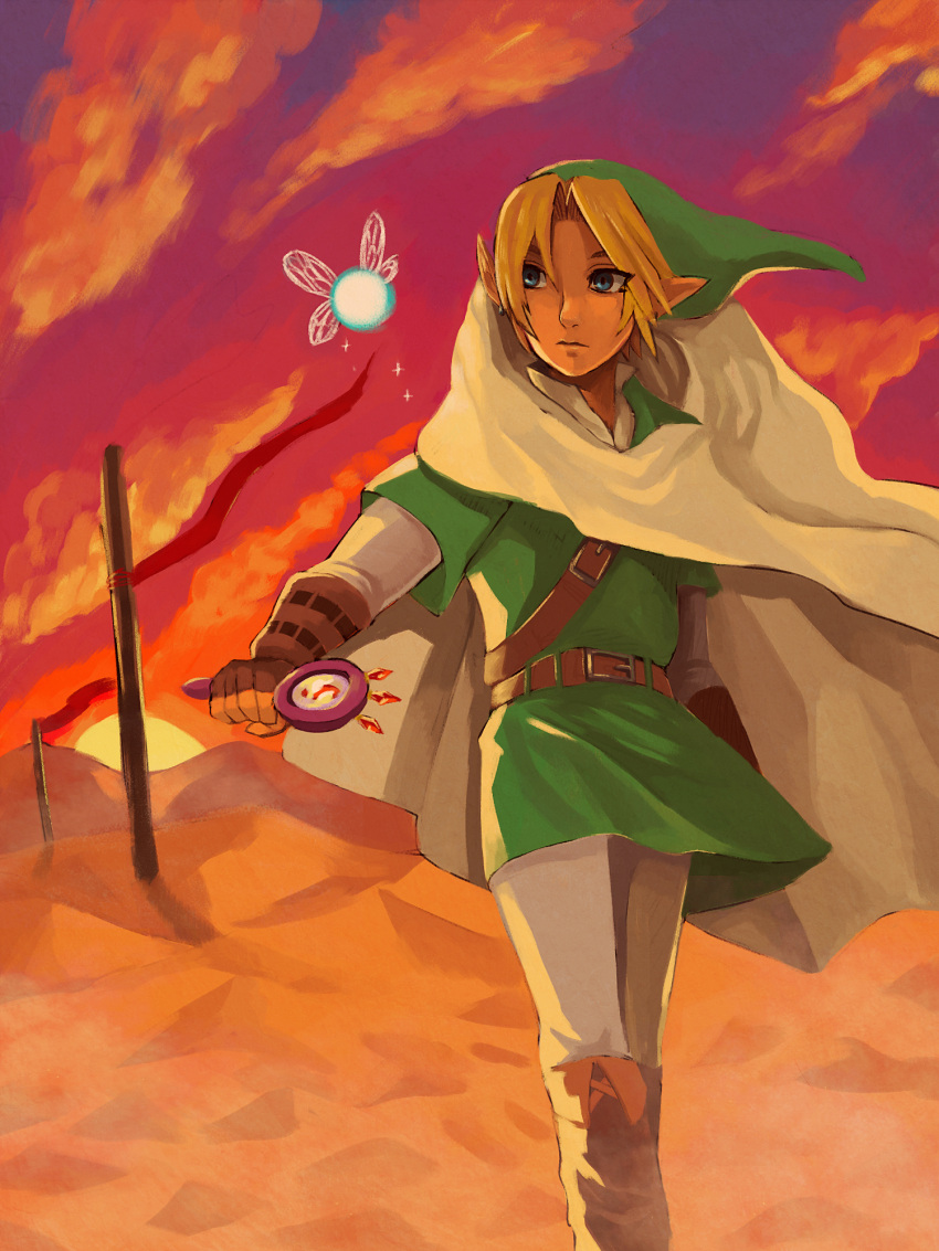 1boy blonde_hair chobitsg fairy green_shirt hat link magnifying_glass navi pointy_ears sand shirt the_legend_of_zelda the_legend_of_zelda:_ocarina_of_time tunic
