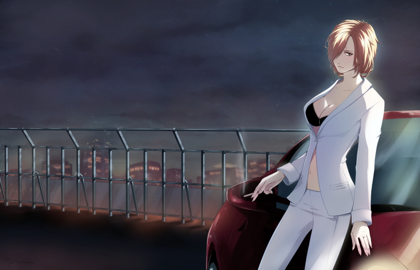 1girl alternate_costume blonde_hair breasts car city cleavage female genderswap ground_vehicle hair_over_one_eye leaning marmalade_(elfless_vanilla) motor_vehicle night night_sky one_piece open_clothes open_shirt outdoors sanji shirt short_hair sky smoking solo suit vehicle white_pants white_suit